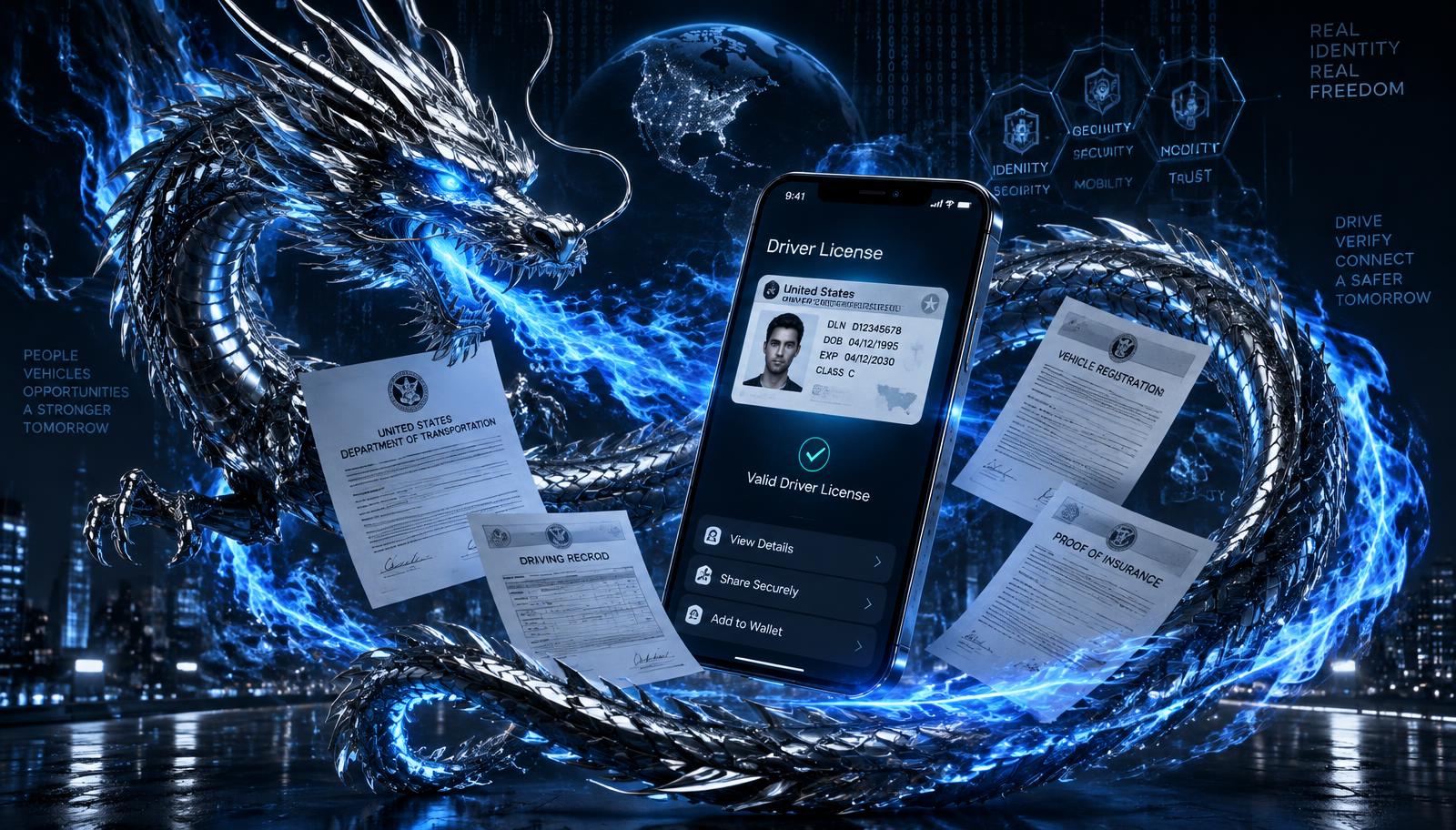 Dragão prateado com fogo azul circulando documentos e um celular